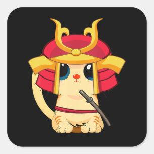 Sticker Carré Samurai Chat Cute japonaise Anime Cosplay Hallowee