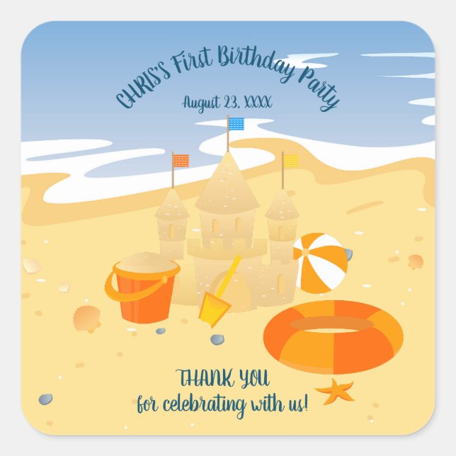 Sticker Carré Sand château plage amusant bébé garçon fête d'anni (Devant)
