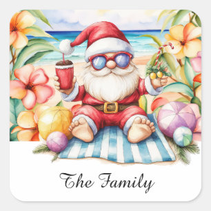 Sticker Carré SANTA CLAUS à Hawaii Beach pour Noël