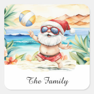 Sticker Carré SANTA CLAUS à Hawaii Beach pour Noël
