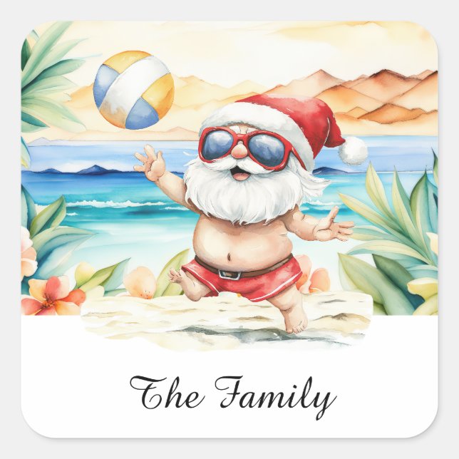 Sticker Carré SANTA CLAUS à Hawaii Beach pour Noël (Devant)