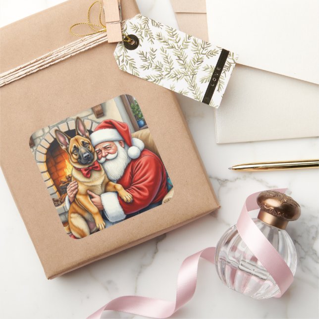 Sticker Carré Santa Claus Holding Belgian Malinois Christmas Art (Cadeaux)
