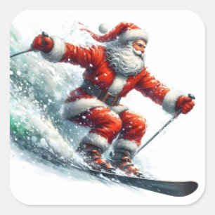 Sticker Carré Santa Claus Joyeusement Ski Sur Les Pentes De Neig