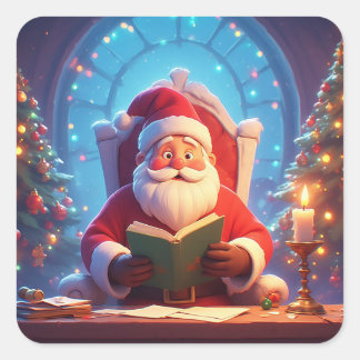 Sticker Carré Santa Claus Reading a Book by Candlelight