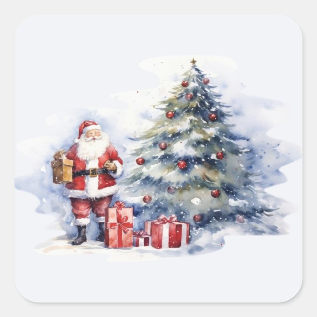 Sticker Carré Santa Clause neige arbre de Noël et présente (Devant)