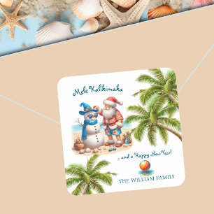 Sticker Carré Santa et bonhomme de neige Mele Kalikimaka Noël