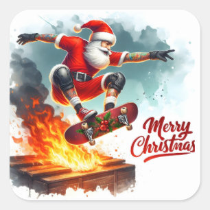 Sticker Carré Santa faisant du skateboard par-dessus des flammes