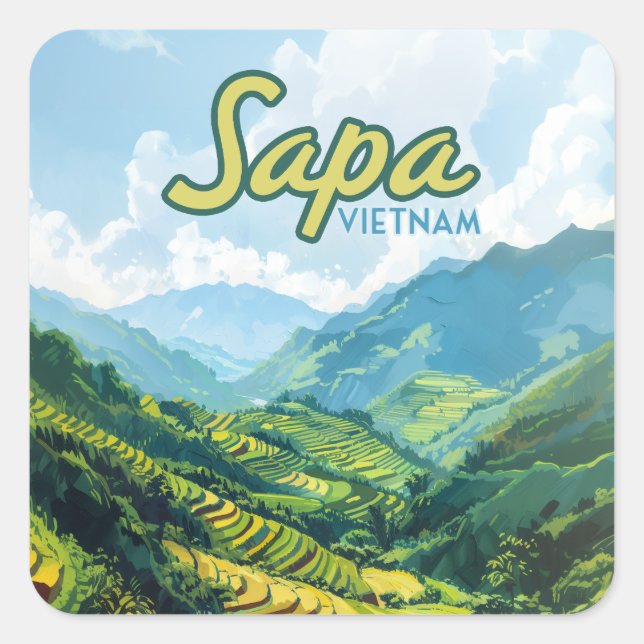 Sticker Carré Sapa Vietnam Asie Rice Terrasses Vintage voyage (Devant)