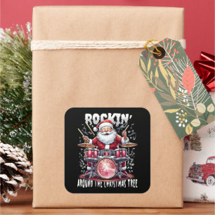 Sticker Carré Sapin de Noël au batteur Santa Rockin'