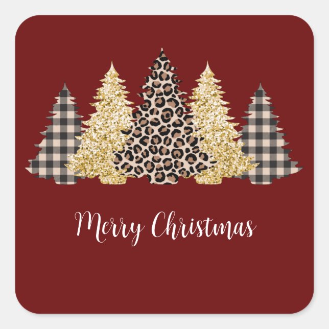 Sticker Carré Sapin de Noël Impression Cheetah Plaid Buffy Paill (Devant)