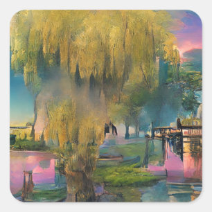 Sticker Carré Saule au coucher du soleil près de l'étang