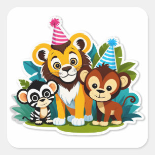 Sticker Carré Sauvage à Un – Fête d'anniversaire Jungle Friends