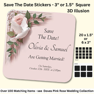 Sticker Carré Sauvegarder la date - Roses roses et colombes Mari