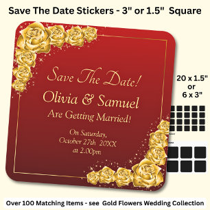 Sticker Carré Sauver la date - Fleurs dorées rouge bordeaux