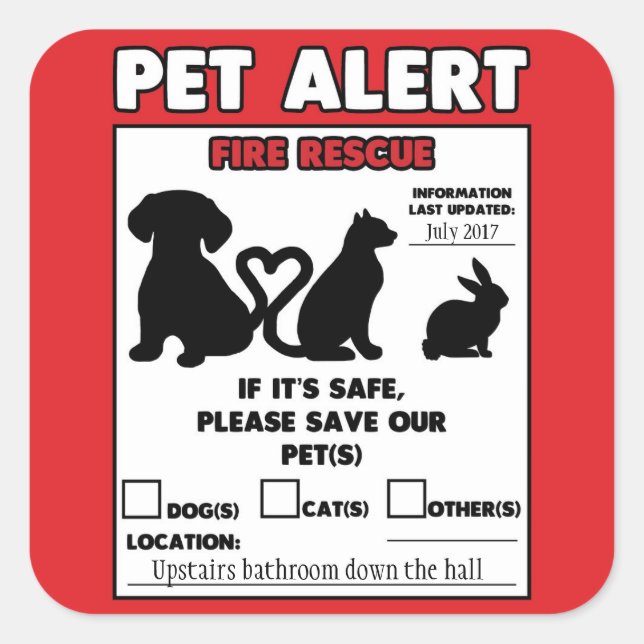 Sticker Carré Sauvez mon alerte 3" d'animal familier du feu (Devant)