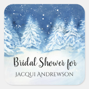 Sticker Carré Sceau de faveur de douche de mariée Forêt enneigée