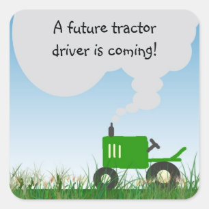 Sticker Carré Sceau d'enveloppe de Baby shower de tracteur vert