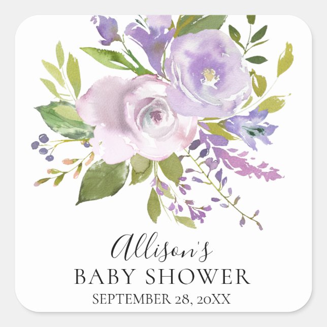 Sticker Carré Sceau d'enveloppe de Baby shower floral lavande (Devant)