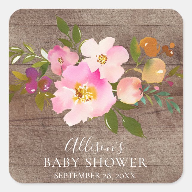 Sticker Carré Sceau d'enveloppe de Baby shower rose bois rustiqu (Devant)