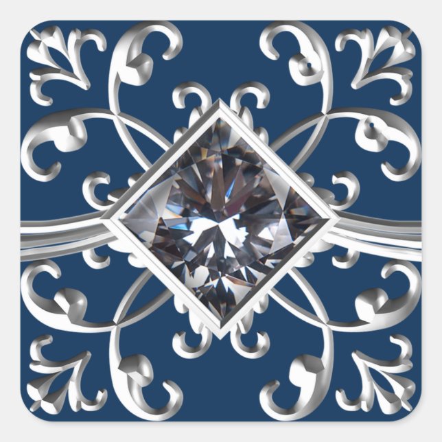 Sticker Carré Sceau d'enveloppe fleurie en argent bleu marine (Devant)