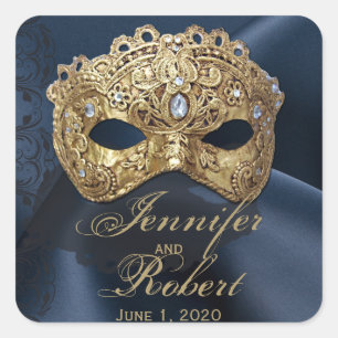 Sticker Carré Sceau d'enveloppe Mariage Mascarade Marine et Or