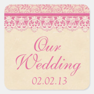 Sticker Carré Sceau Mariage en dentelle d'ivoire rose rustique