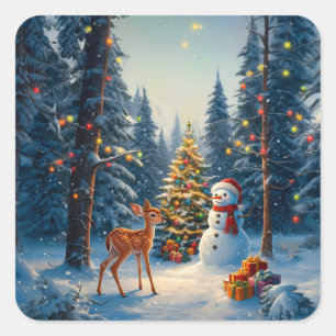 Sticker Carré Scene d'arbre de Noël Cute Deer Fawn Snowman