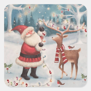 Sticker Carré Scène de Noël de père Noël et Rudolph