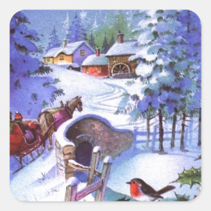 Sticker Carré Scène de Noël hiver vintage