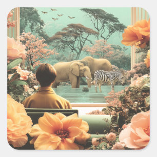 Sticker Carré Scène de safari surréaliste avec éléphants zèbres