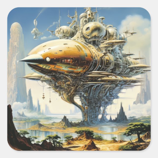 Sticker Carré Scène de science-fiction rétro (Devant)