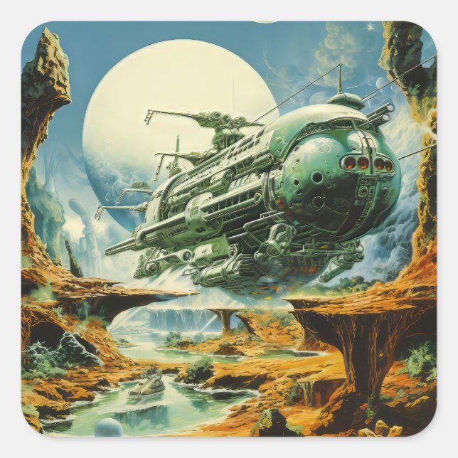 Sticker Carré Scène de science-fiction rétro (Devant)