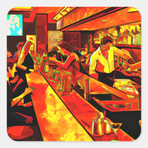 Sticker Carré Scène Fun Bar   Barman et clients