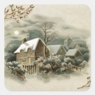 Sticker Carré Scène Vintage de Cabine d'hiver des années 1900