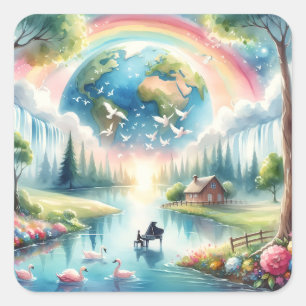 Sticker Carré Scène Whimsical Rainbow Earth Imaginaire