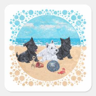 Sticker Carré Scottie & Westie chiots à la plage