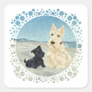 Sticker Carré Scotties à la Plage, Roue & Black Pup