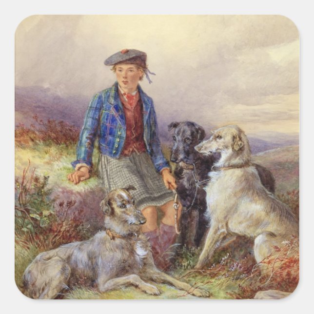 Sticker Carré Scottish boy with wolfhounds in a Highland landsca (Devant)