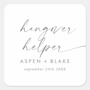 Sticker Carré Script Argent moderne Hangover Helper Wedding Favo