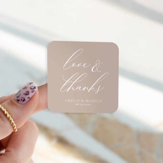 Sticker Carré Script élégant moderne Taupe Love & Merci (Créateur téléchargé)