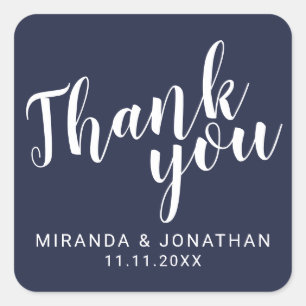 Sticker Carré Script moderne Marine Blue Wedding Favor Merci