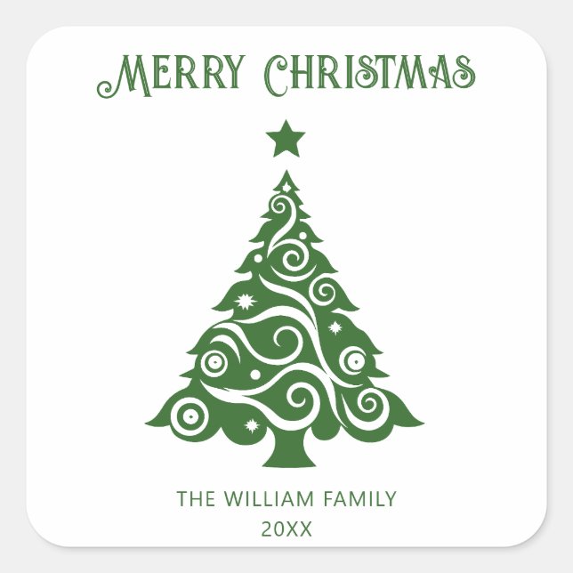 Sticker Carré Script vert minimaliste Joyeux sapin de Noël (Devant)
