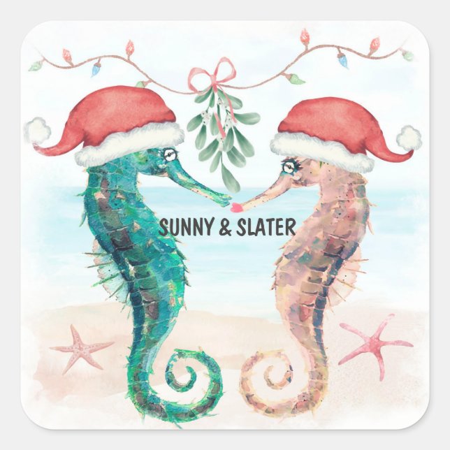 Sticker Carré Seahorse Kiss Beach Christmas Couples Douche (Devant)