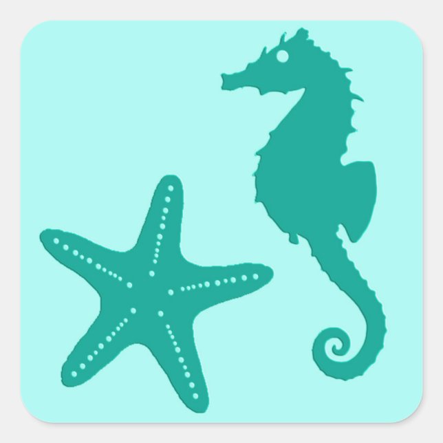 Sticker Carré Seahorse & Starfish, Turquoise et Aqua (Devant)
