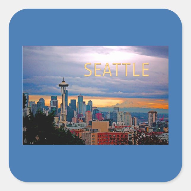 Sticker Carré Seattle Washington Skyline à Sunset TEXT SEATTLE (Devant)