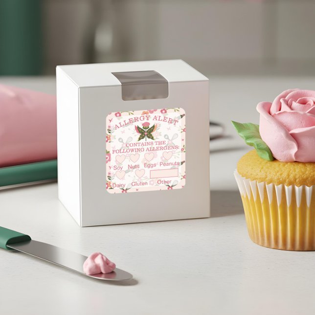 Sticker Carré Sécurité alimentaire Alerte allergique Boulangerie (Food Safety Allergy Alert Bakery Butterfly Cupcake Square Sticker)