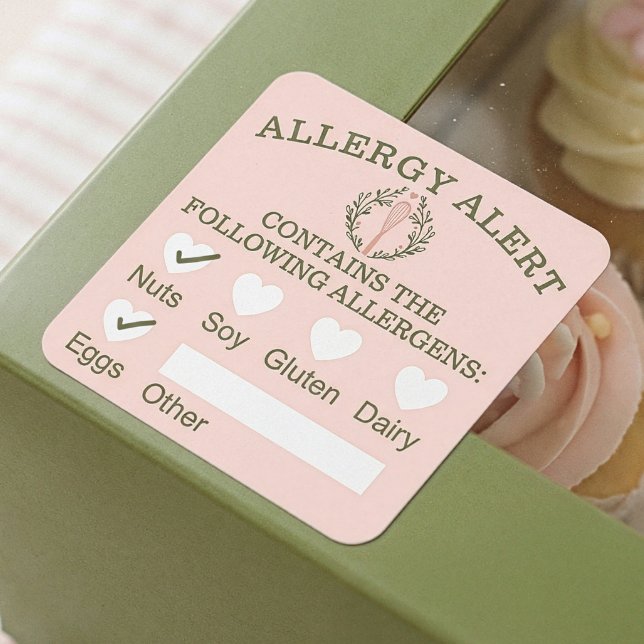 Sticker Carré Sécurité alimentaire Alerte allergique Pink Bakery (Food Safety Allergy Alert Pink Bakery Whisk Square Sticker)