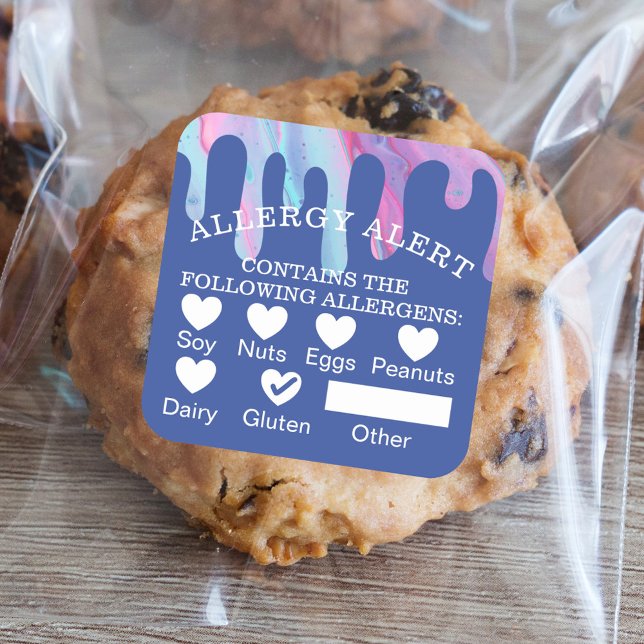 Sticker Carré Sécurité alimentaire Alerte allergique Pink Mirror (Food Safety Allergy Alert Pink Mirror Glaze Drip Square Sticker)