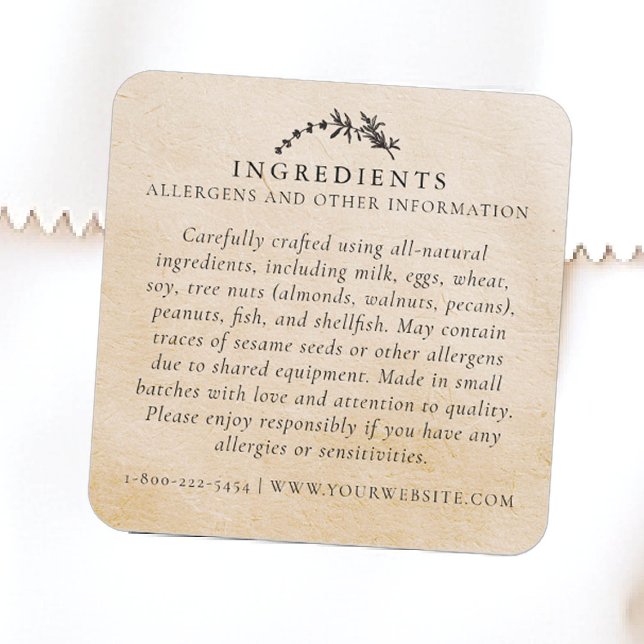Sticker Carré Sécurité alimentaire Allergènes Kraft Leaf produit (product packaging sticker artisan business blackboard handmade homemade ingredients kraft gift)