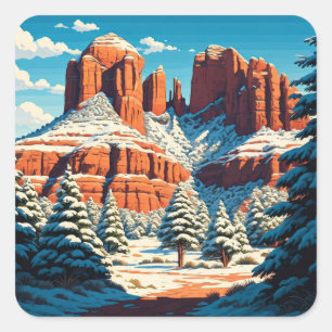 Sticker Carré Sedona Arizona Travel Red Rocks neige